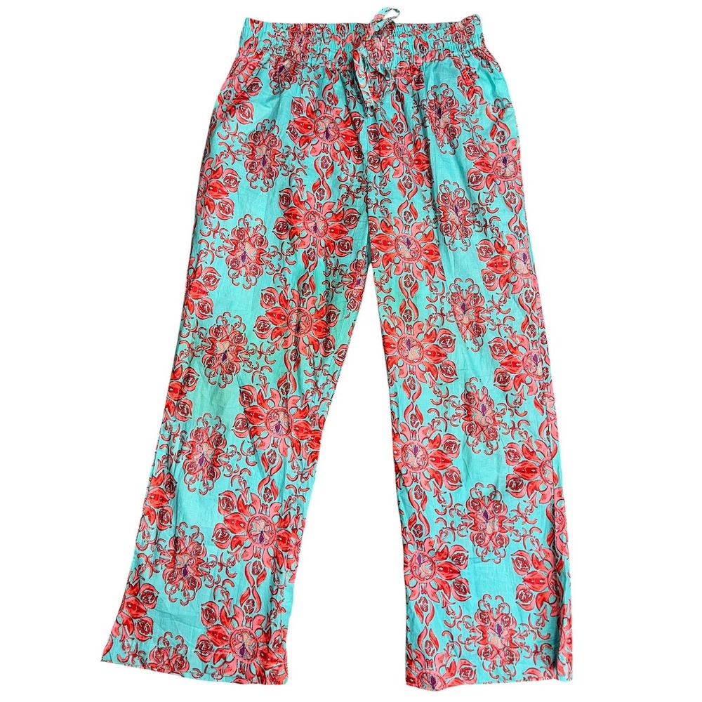Modaposa‎ Womens Wide Leg Cotton Pants Turquoise Coral Floral Medallion Size M